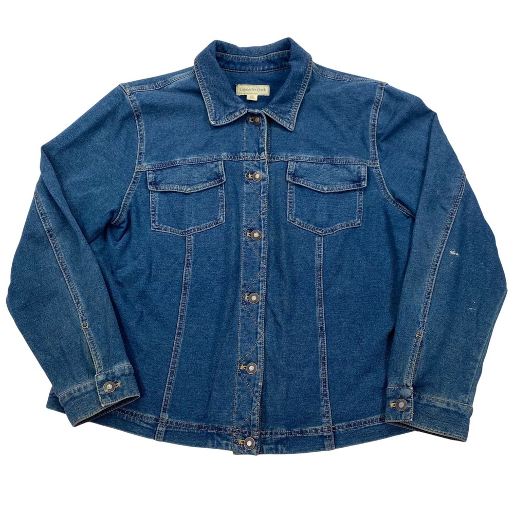 Coldwater Creek Denim Jacket Women PL Blue Stretch Cotton Button Front Read